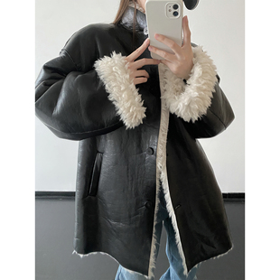 sun柚 '女明星'PU皮系扣宽松立领高级感中长款外套保暖秋冬季