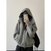 sun柚 马海毛毛衣外套百搭学院风高级感宽松针织连帽开衫 上衣女