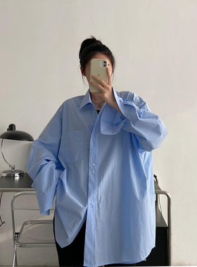 sun柚 蓝色长袖衬衫女秋季薄款韩版衬衣宽松休闲慵懒风春秋季上衣