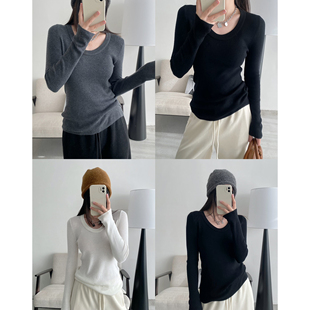 针织衫 sun柚奶香椰奶u领显瘦绵羊毛打底衫 女桑蚕丝弹力微宽松长袖