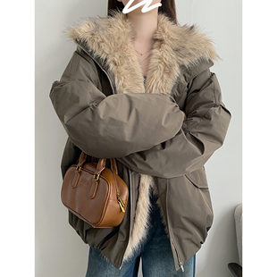 sun柚 高级感环保皮草加厚拼接毛领派克服巴恩风羽绒斯拉夫外套