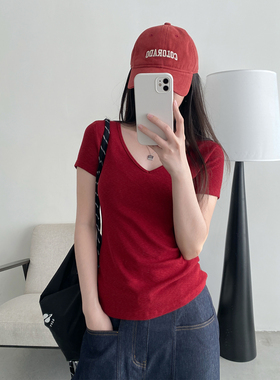 sun柚 白色V领正肩短袖t恤女夏季纯棉高级感辣妹修身短款体恤上衣