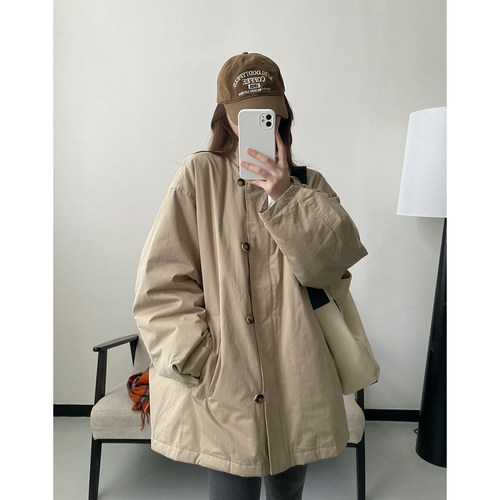 新款中长款学院风衣棉服女ins