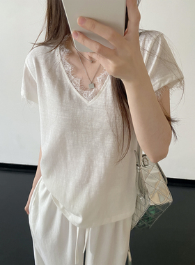 sun柚 短袖t恤女夏季新款正肩白色蕾丝v领T恤独特漂亮的小上衣女