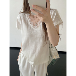 正肩白色蕾丝v领T恤独特漂亮 sun柚 新款 t恤女夏季 小上衣女 短袖