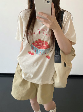 草莓印花短袖t恤宽松白色上衣