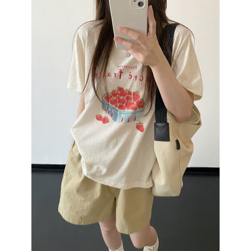 草莓印花短袖t恤宽松白色上衣
