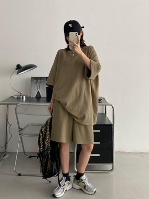 华夫格纹理短袖T恤短裤两件套装