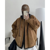 新款 sun柚 中古感春秋季 做旧麂皮绒重工撞色翻立领复古皮衣外套女