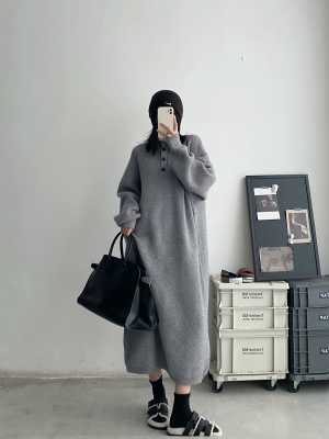 灰色慵懒风半高领针织毛衣连衣裙