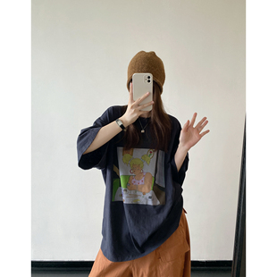sun柚 竹节棉寿司女孩印花宽松夏季圆领短袖oversize美式卡通T恤