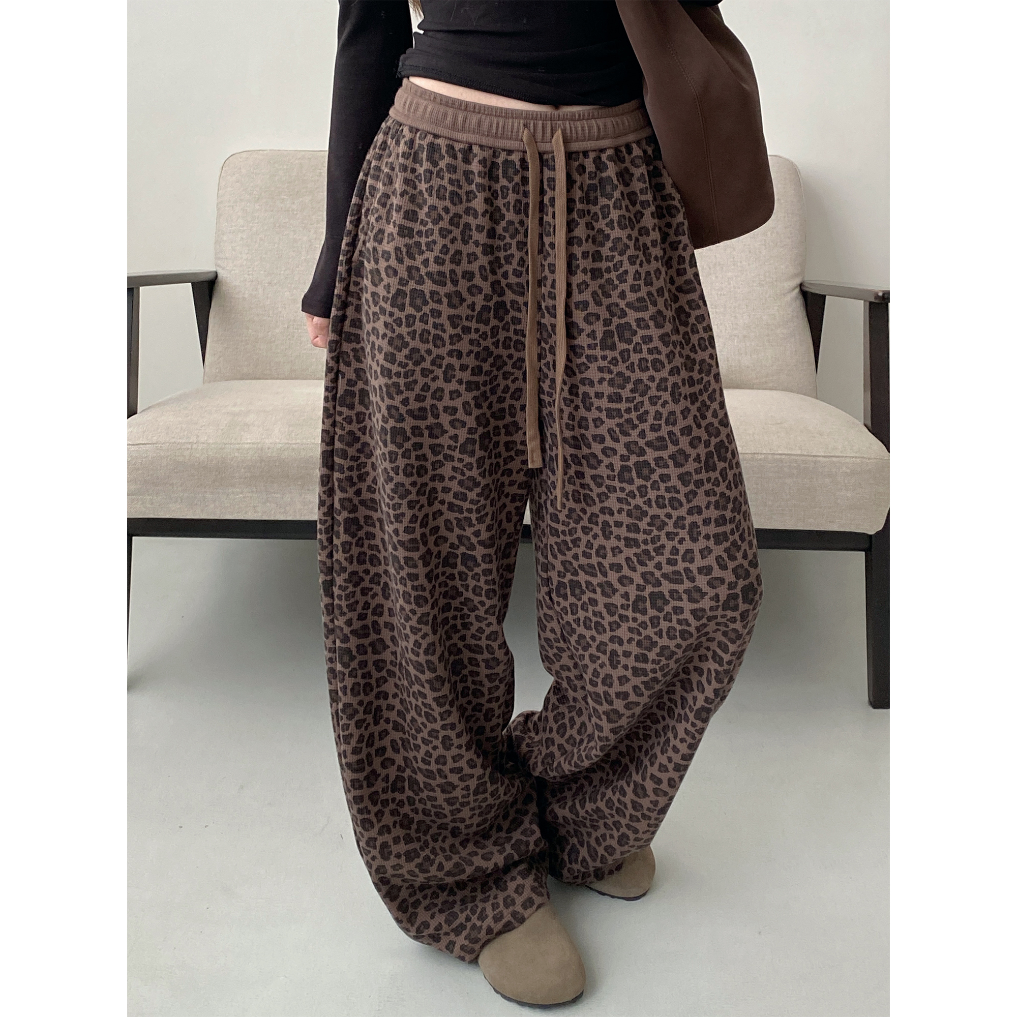 直筒休闲裤松紧腰复古洋气阔腿裤