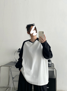 sun柚 秋季黑白色拼接插肩袖长袖T恤女新款宽松内搭打底衫上衣服