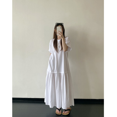 白色短袖中长款连衣裙女春夏简约