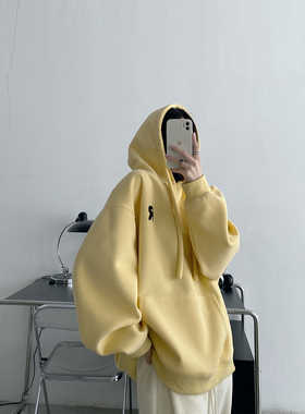 sun柚 鹅黄色休闲加绒卫衣秋冬新款慵懒宽松美式女款上衣帽衫外套