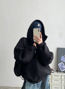 sun柚秋冬加绒连帽开衫卫衣女