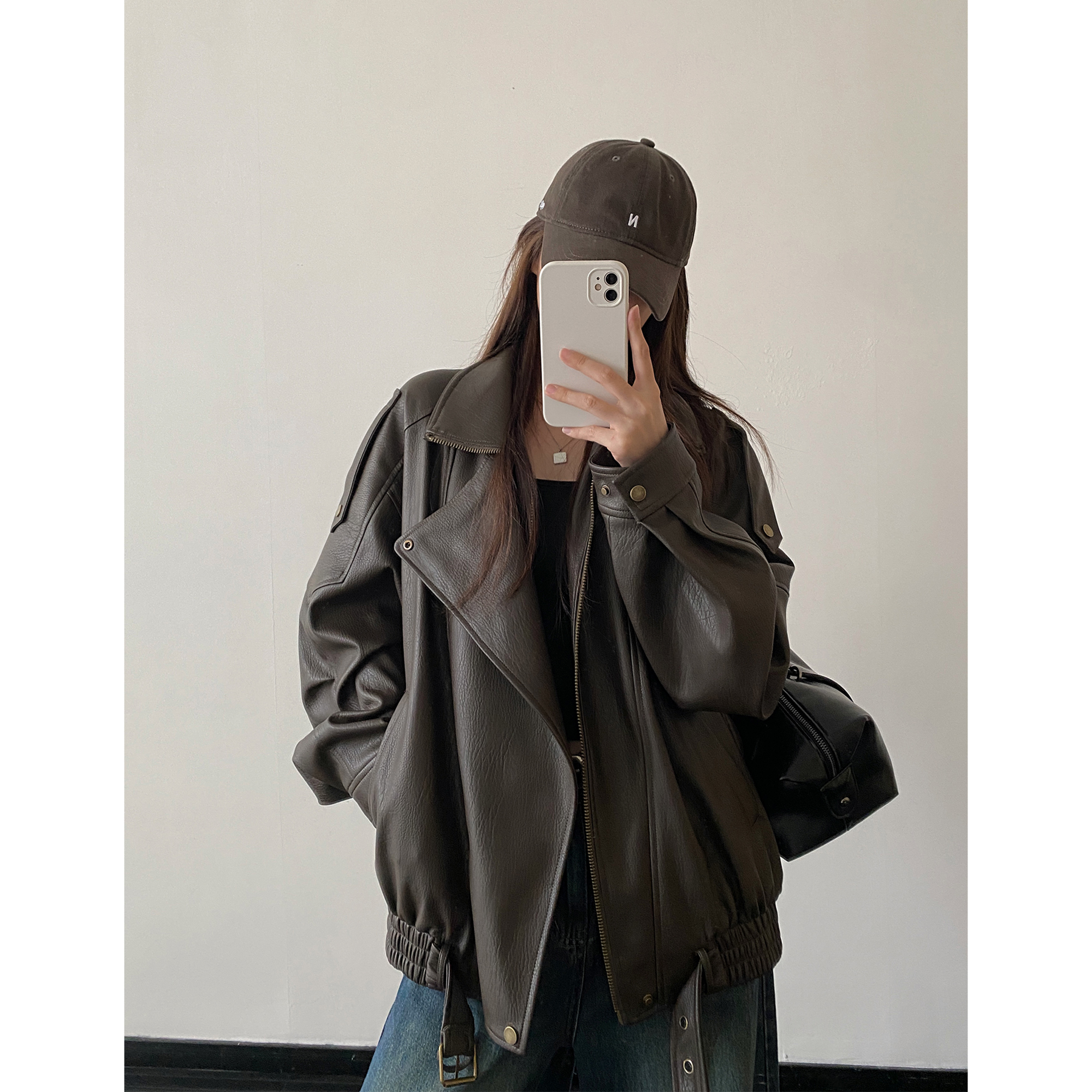 重工复古中性立领机车皮衣外套