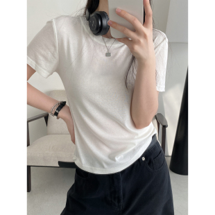 型ju好绵绵柔雾精致t桑蚕丝天丝莱赛尔短袖 圆领t恤正肩夏 版 sun柚