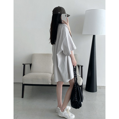 半高领水冷灰宽松五分袖廓形T恤