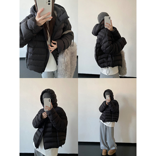 sun柚 秋冬白鸭绒杜邦三防廓形连帽排骨羽绒服女宽松保暖立领外套