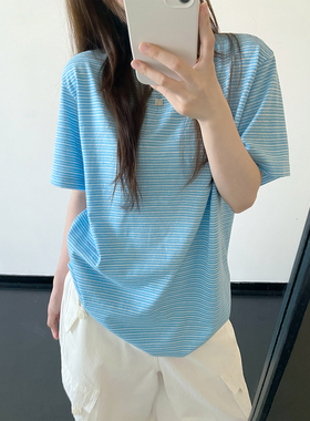 sun柚 蓝色条纹手绘刺绣短袖T恤女夏装新款设计感打底衫上衣