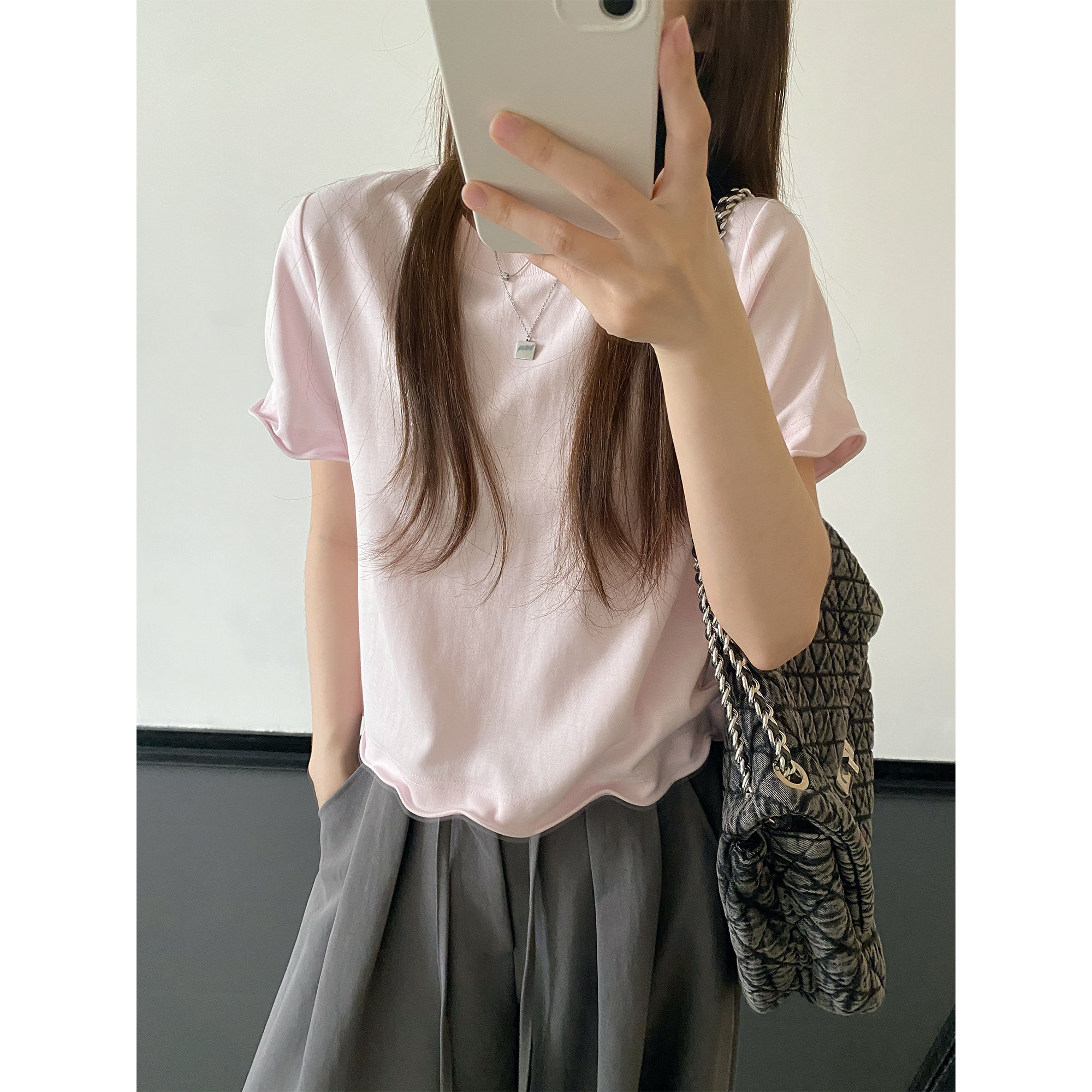 sun柚 圆领短袖T恤女夏季宽松慵懒风铁丝花瓣设计感上衣