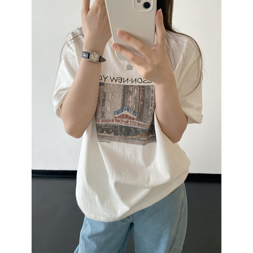 短袖T恤秋冬圆领套头印花上衣