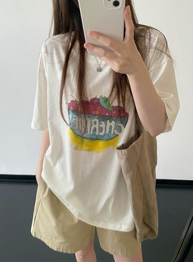 樱桃碗印花t恤圆领短袖上衣女
