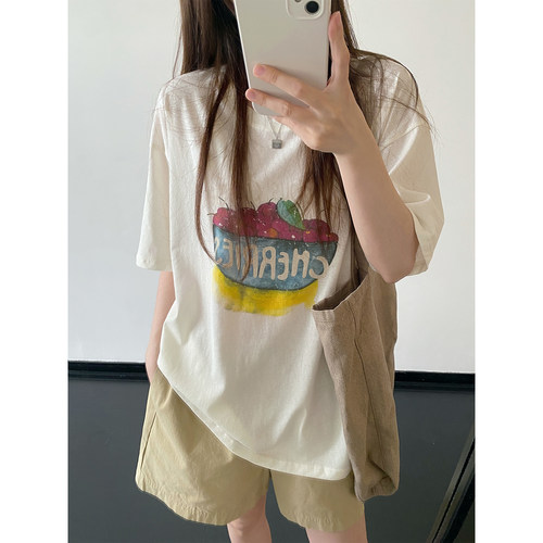 樱桃碗印花t恤圆领短袖上衣女