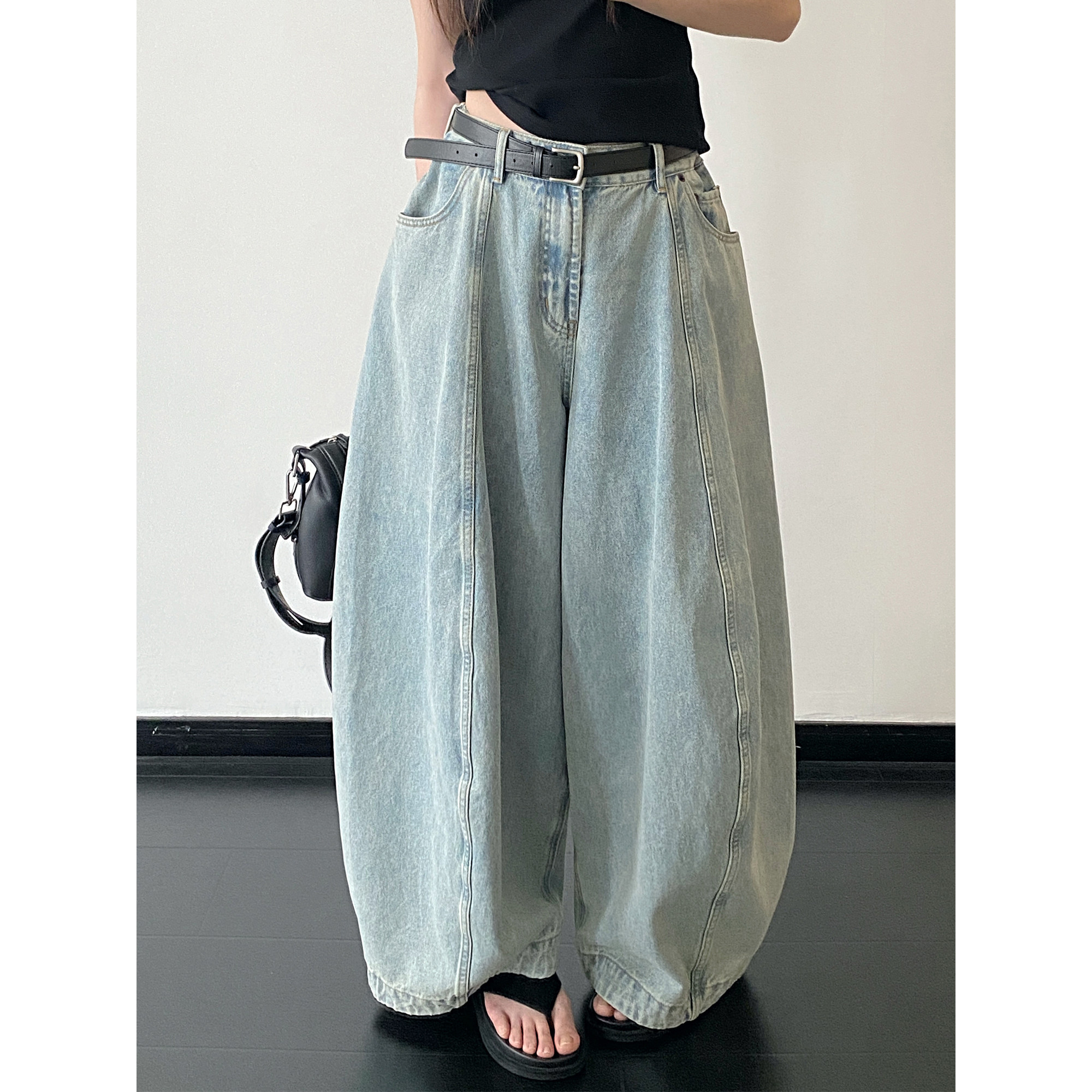 sun柚 春夏重磅推荐高腰水洗浅蓝有份量洋气炸裂高品气球牛仔裤