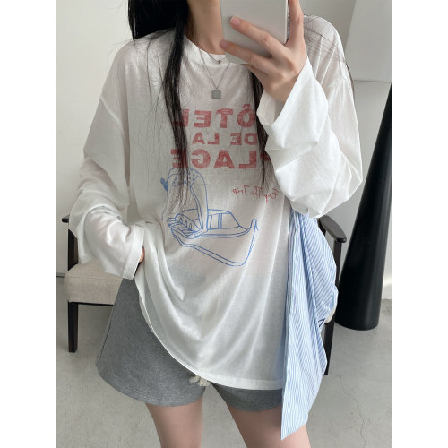 天丝长袖t恤女夏宽松薄款上衣