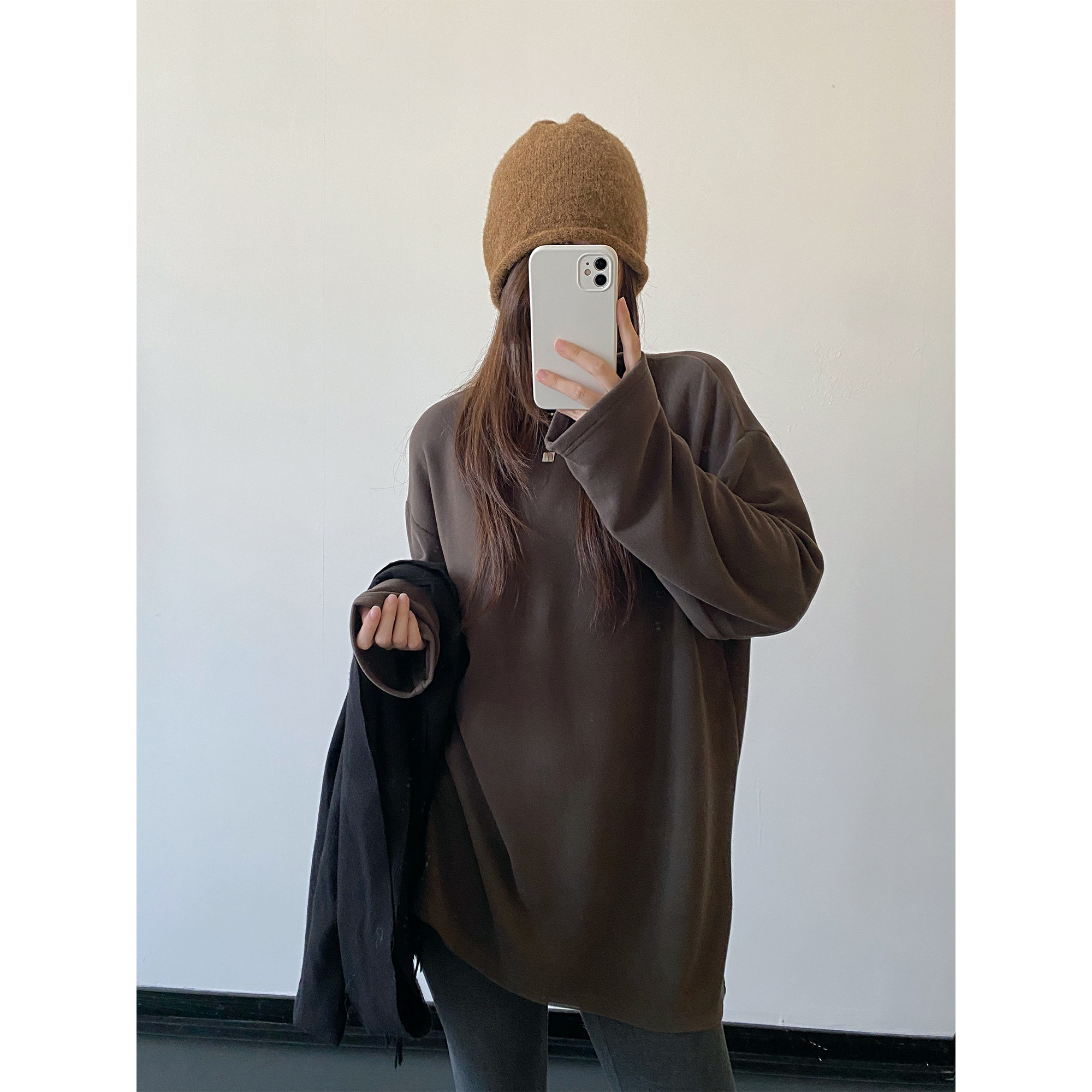 sun柚 双面糯米绒打底衫女长袖上衣冬日系纯色慵懒风t恤软糯圆领