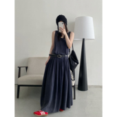 藏青色时髦复古水洗高级感背心连衣裙夏季 sun柚 牛仔学院 显瘦