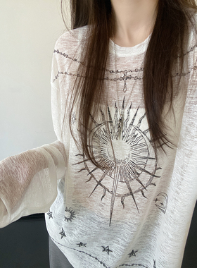 sun柚 防晒罩衫女圆领新款夏长袖t恤正肩宽松辣妹巨好看白色上衣