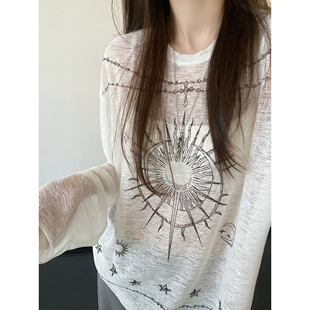 sun柚 女圆领新款 夏长袖 t恤正肩宽松辣妹巨好看白色上衣 防晒罩衫