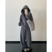 加绒加厚慵懒风休闲宽松美式 sun柚 连帽卫衣外套女冬季 复古上衣