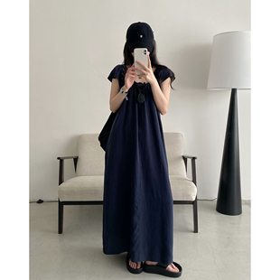 sun柚 前后大U领极简宽松连衣裙长裙女夏简约 天丝亚麻裙小飞袖