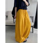 sun柚 宽松休闲长裤 加州阳光 天丝亚麻姜黄色松紧腰显瘦薄款