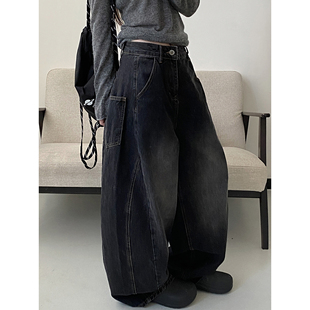 sun柚 灰色做旧复古侧缝拼接显瘦中低腰牛仔长裤女秋季弯刀裤高腰