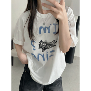 针织棉圆领落肩宽松休闲短袖 sun柚手绘印花T恤女春夏2025新款 上衣