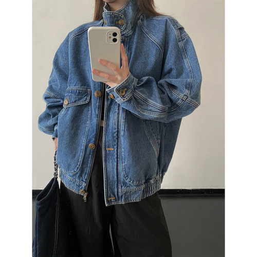 中古感立领飞行员夹克长袖外套女
