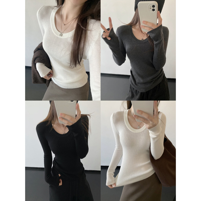 u领显瘦绵羊毛桑蚕丝长袖针织衫