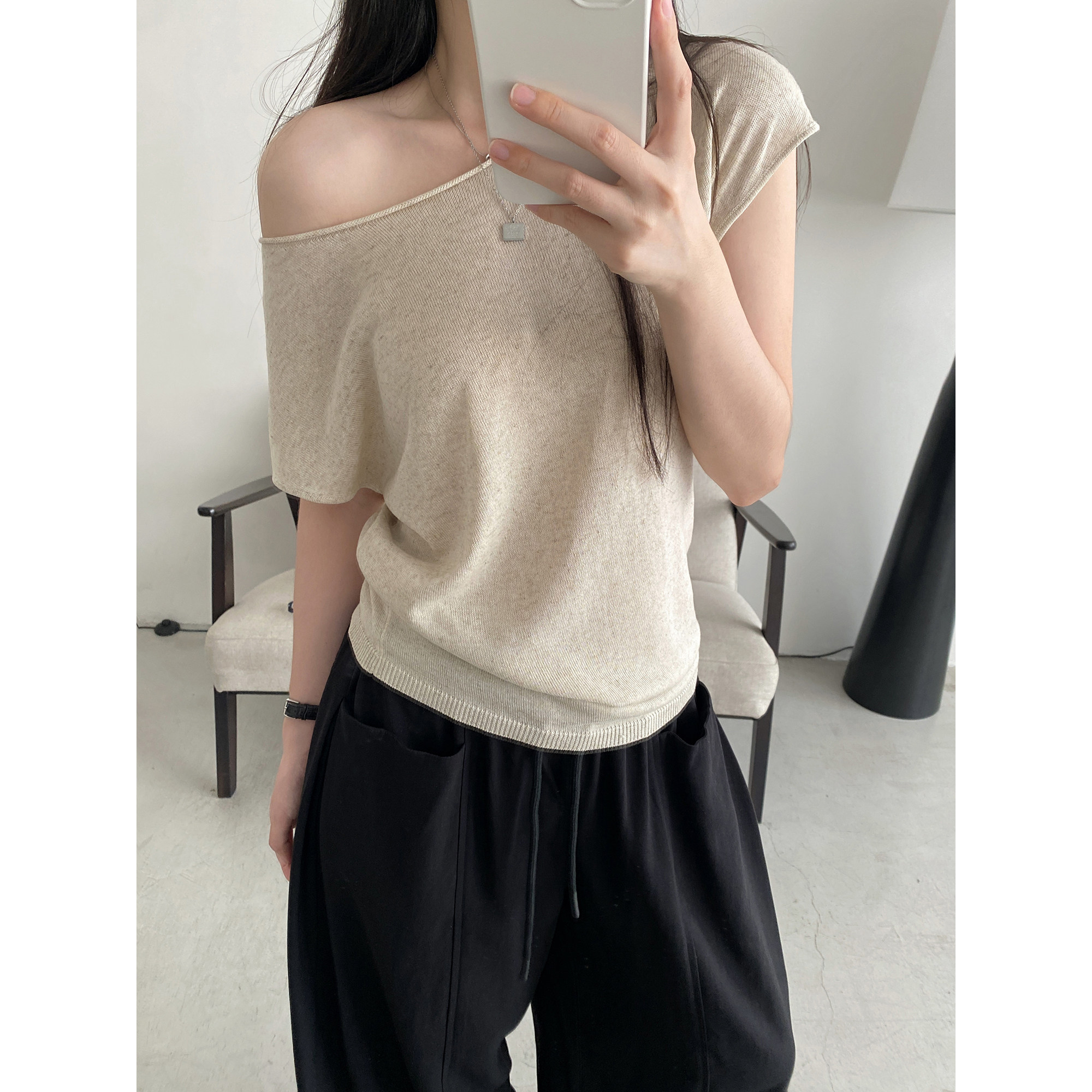 sun柚 【一衣两穿】天丝亚麻短袖t恤女夏露肩卷边斜肩针织上衣