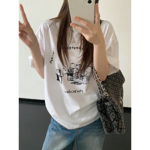 上衣 凉感圆领涂鸦人物T恤oversize短袖 sun柚 「怀旧情绪」夏新款