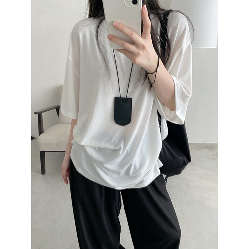 纯色宽松中袖短袖T恤衫上衣女夏