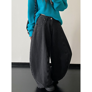 子宽松美式 水洗工艺弯刀廓形百搭牛仔裤 复古阔腿 夜行原牛 sun柚