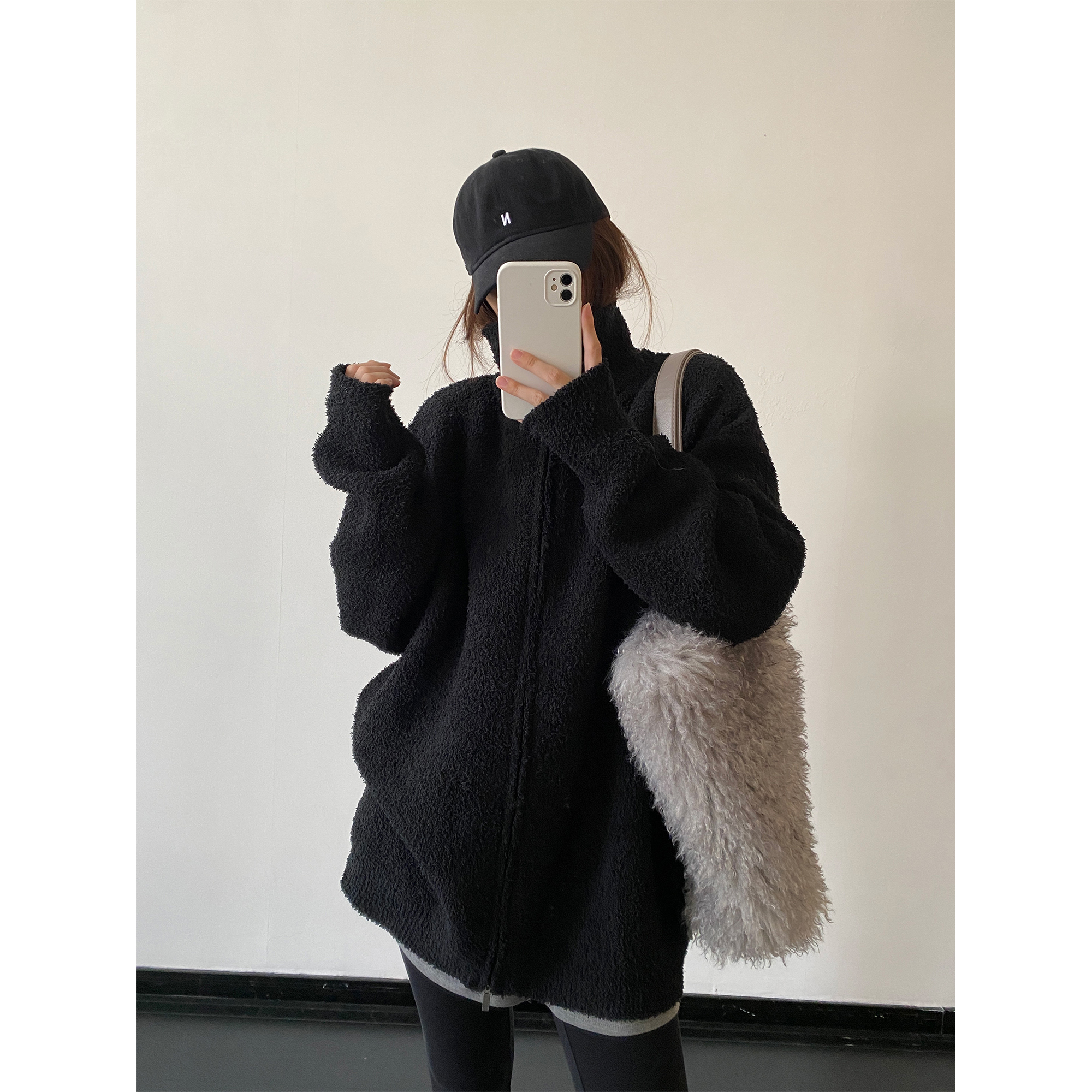 半边绒宽松立领拉链外套百搭夹克