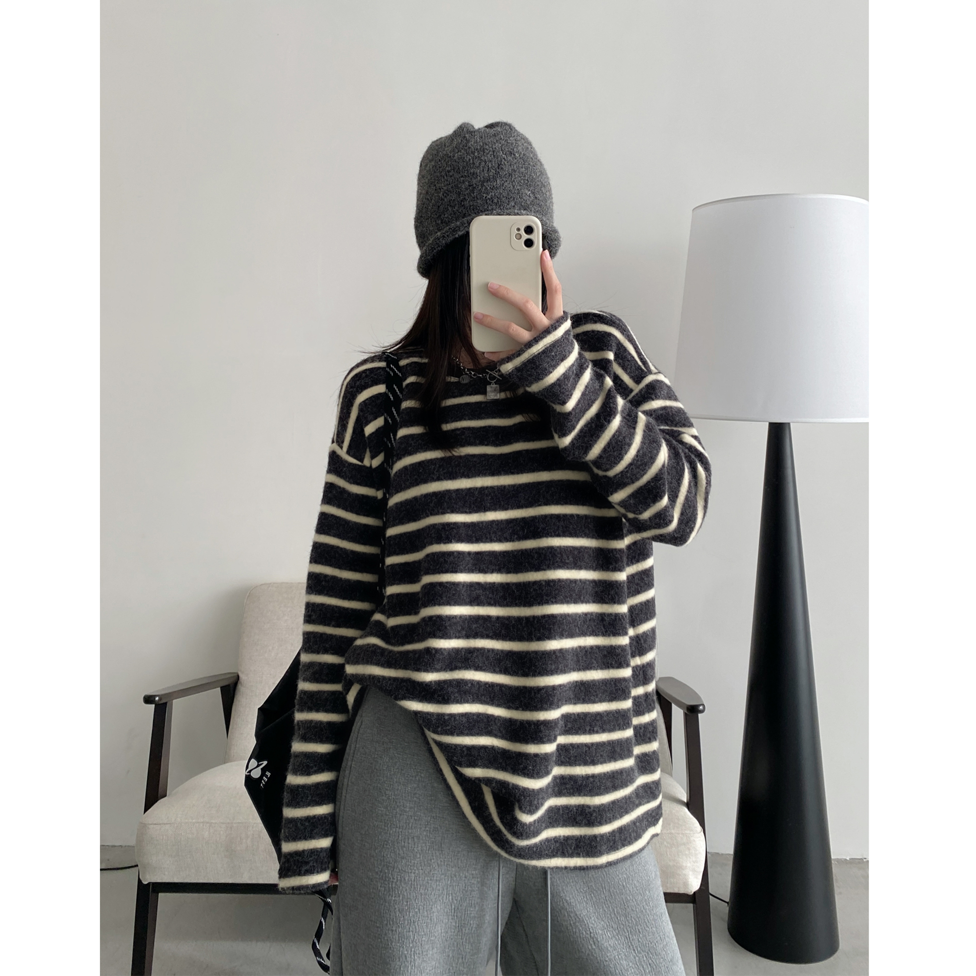 加厚慵懒宽松显瘦长袖条纹t恤女