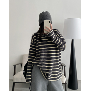 sun柚 海盐奥利奥绒绒澳绒加厚慵懒宽松显瘦打底衫长袖条纹t恤女