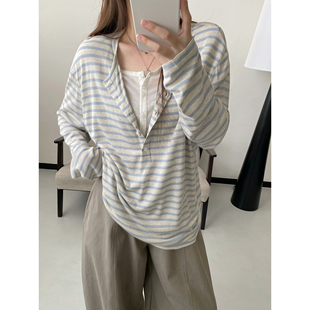 T恤上衣打底衫 莱赛尔亚麻韩系蓝白条纹假两件长袖 女 甜牛奶 sun柚